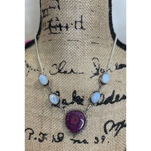 Sterling Silver Necklace with Large Purple Cabachon Stone & 4 Blue Moon Stones.